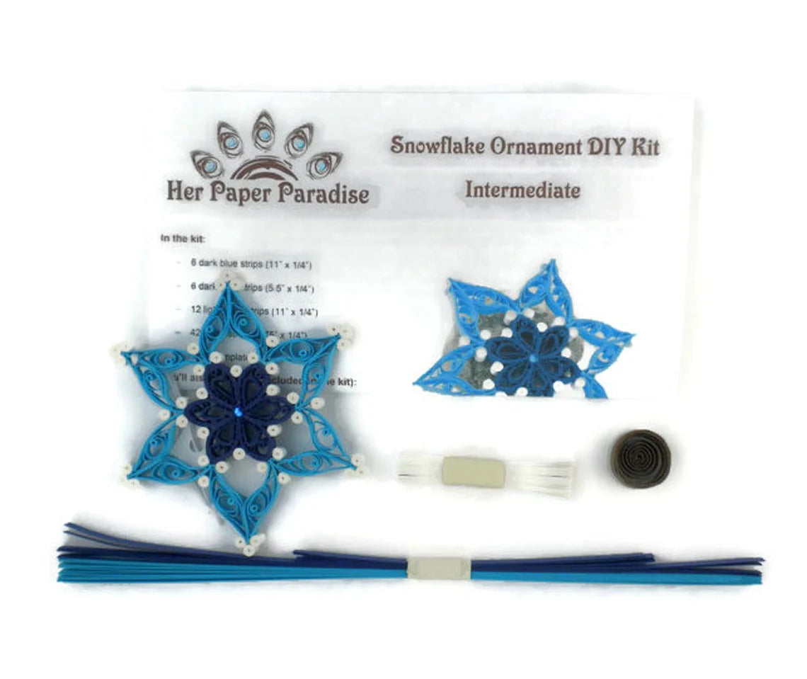 Quilling Blue Snowflake Ornament DIY kit with step-by-step tutorial by Her Paper Paradise
