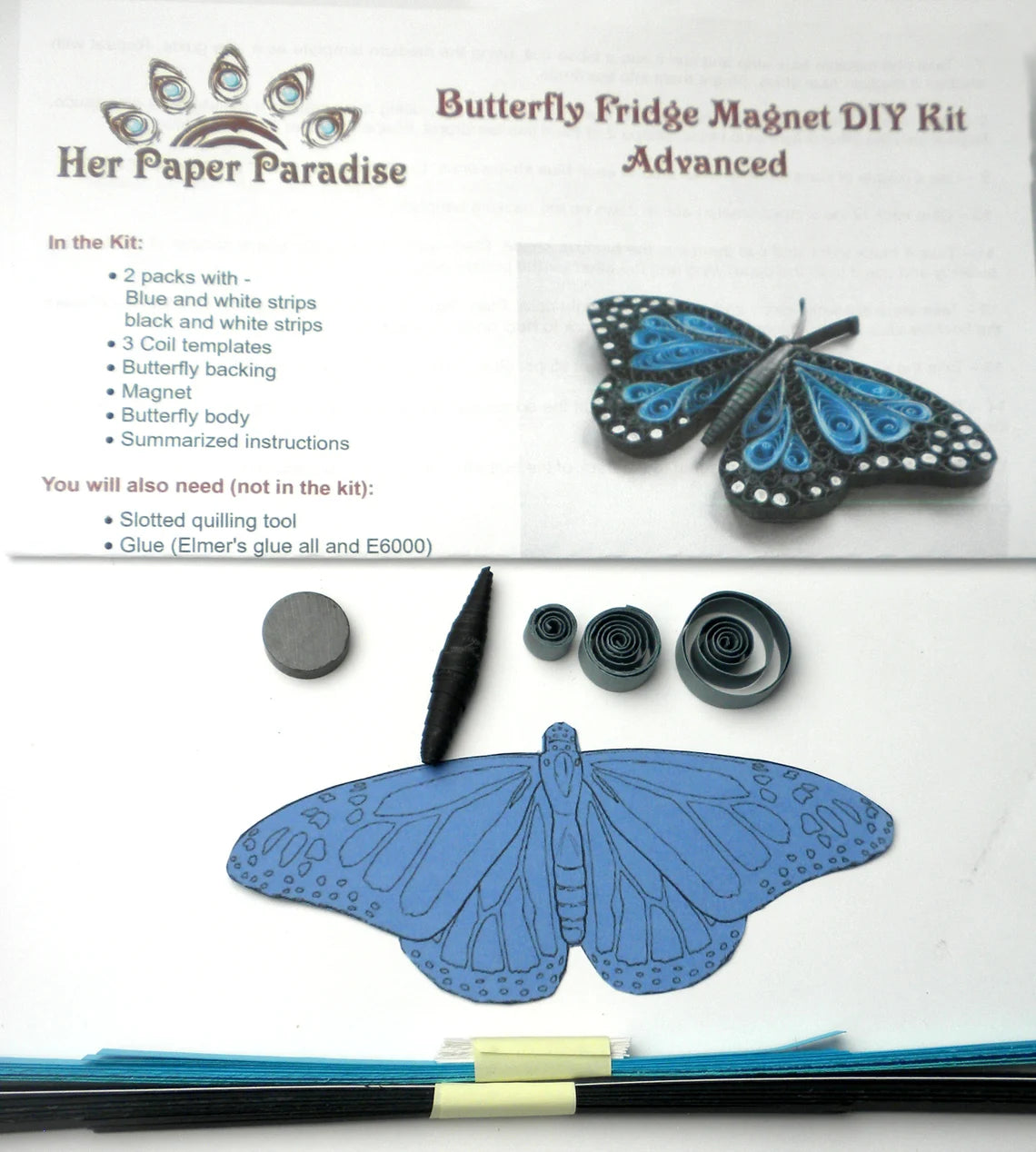 Quilling Butterfly DIY fridge magnet kit with step-by-step tutorial by Her Paper Paradise