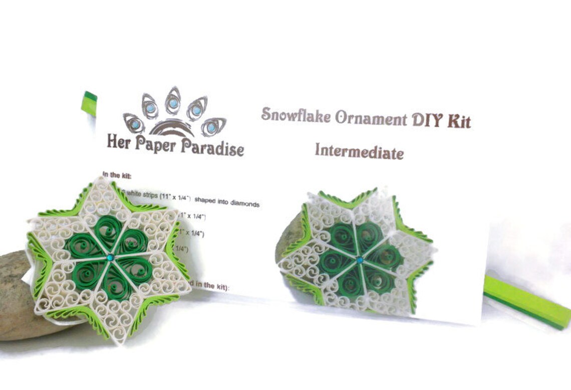 Quilling Green Snowflake Ornament DIY kit with step-by-step tutorial by Her Paper Paradise