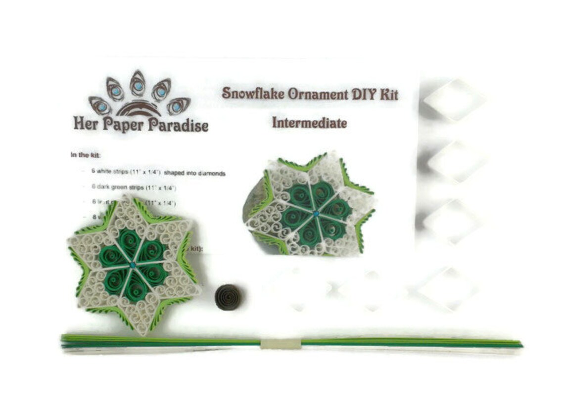 Quilling Green Snowflake Ornament DIY kit with step-by-step tutorial by Her Paper Paradise