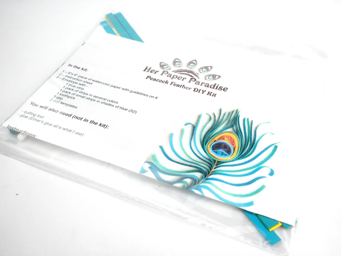 Quilling Peacock Feather DIY kit with step-by-step tutorial by Her Paper Paradise