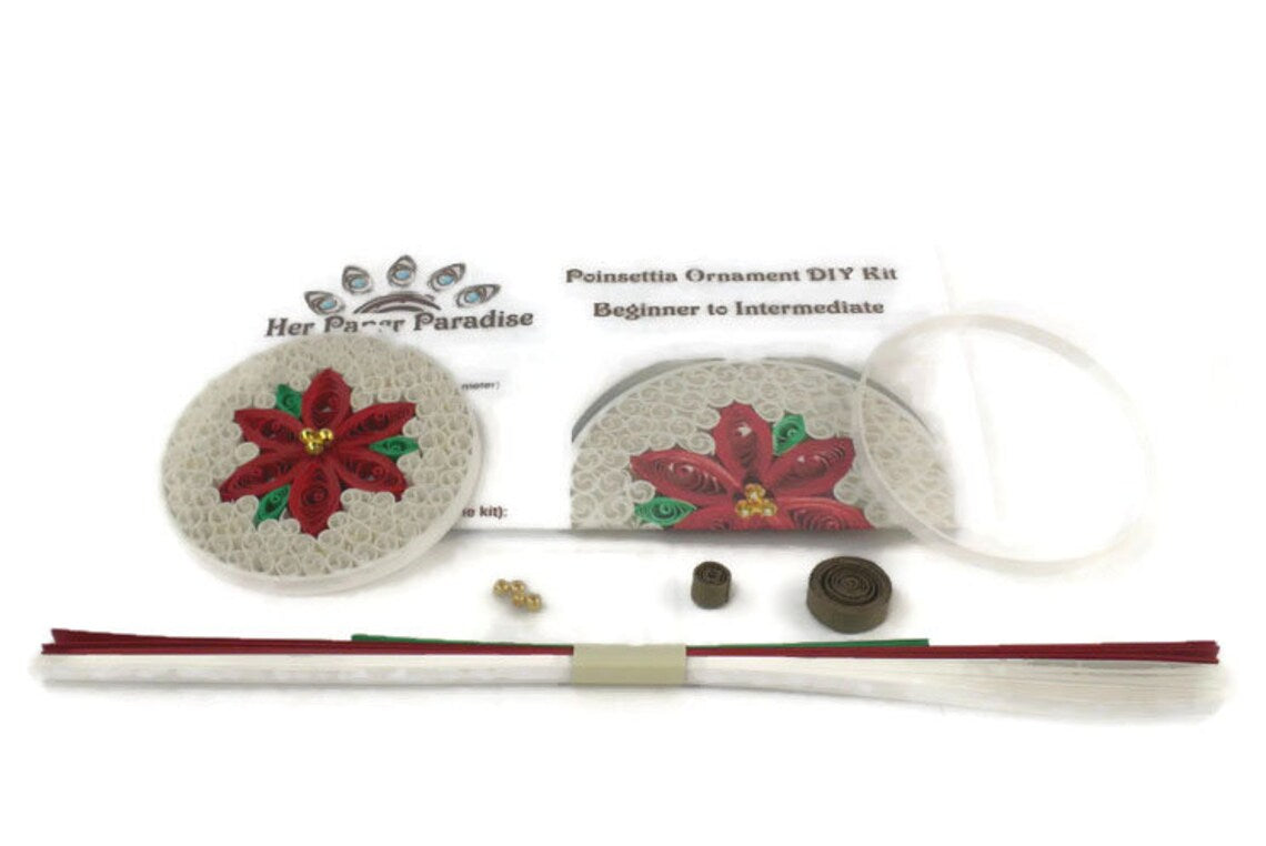 Quilling Poinsettia Ornament DIY kit with step-by-step tutorial by Her Paper Paradise