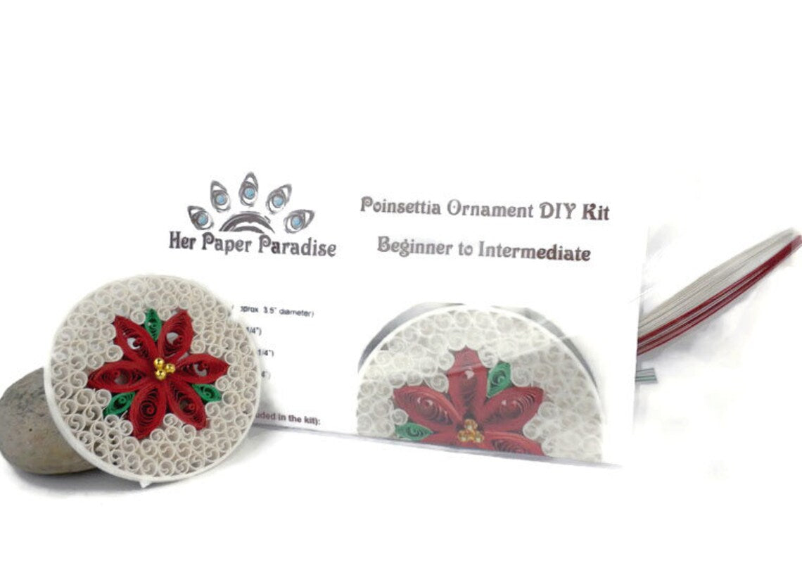 Quilling Poinsettia Ornament DIY kit with step-by-step tutorial by Her Paper Paradise