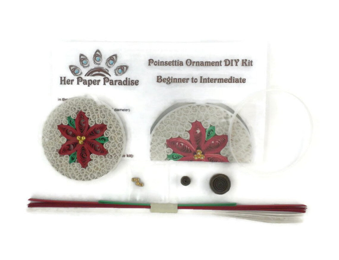 Quilling Poinsettia Ornament DIY kit with step-by-step tutorial by Her Paper Paradise