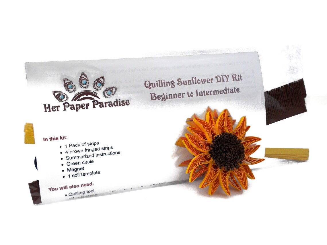Quilling Sunflower DIY fridge magnet kit with step-by-step tutorial by Her Paper Paradise