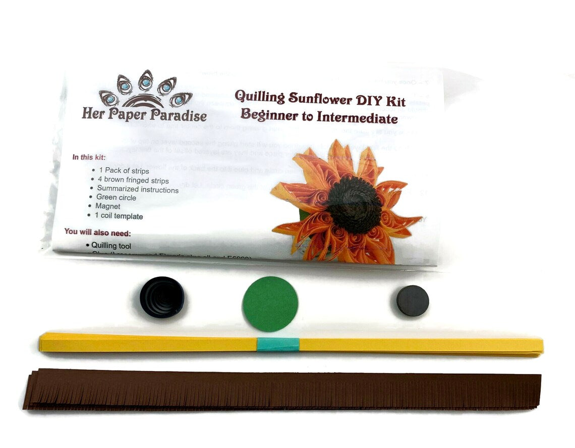 Quilling Sunflower DIY fridge magnet kit with step-by-step tutorial by Her Paper Paradise