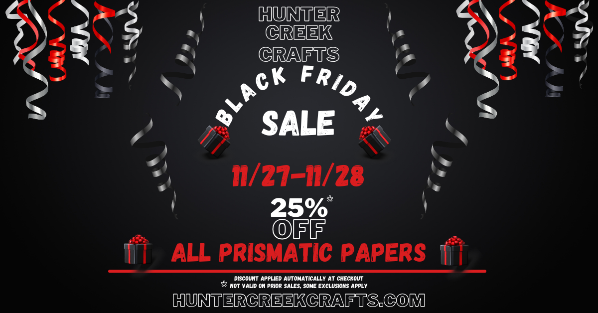 Black Friday sale advertisement for Hunter Creek Crafts with festive ribbons on a black background.