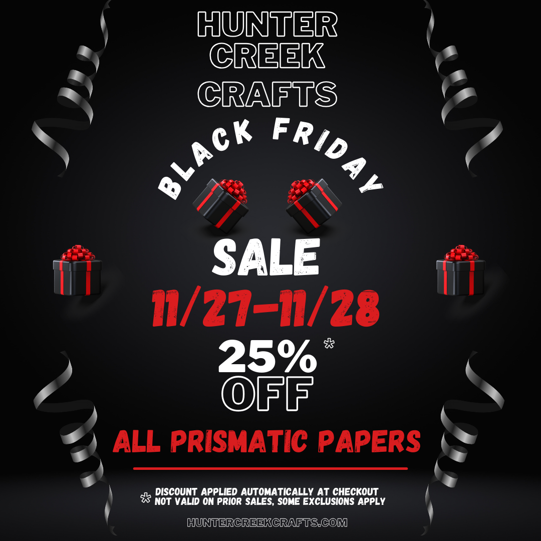 Black Friday sale advertisement for Hunter Creek Crafts with gift boxes and ribbons on a black background.