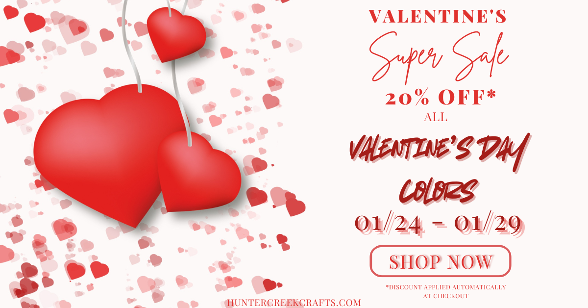 Valentine's Day sale banner with red hearts and promotional text on a white background.