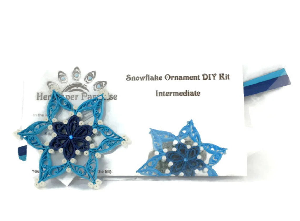 Quilling Blue Snowflake Ornament DIY kit with step-by-step tutorial by Her Paper Paradise