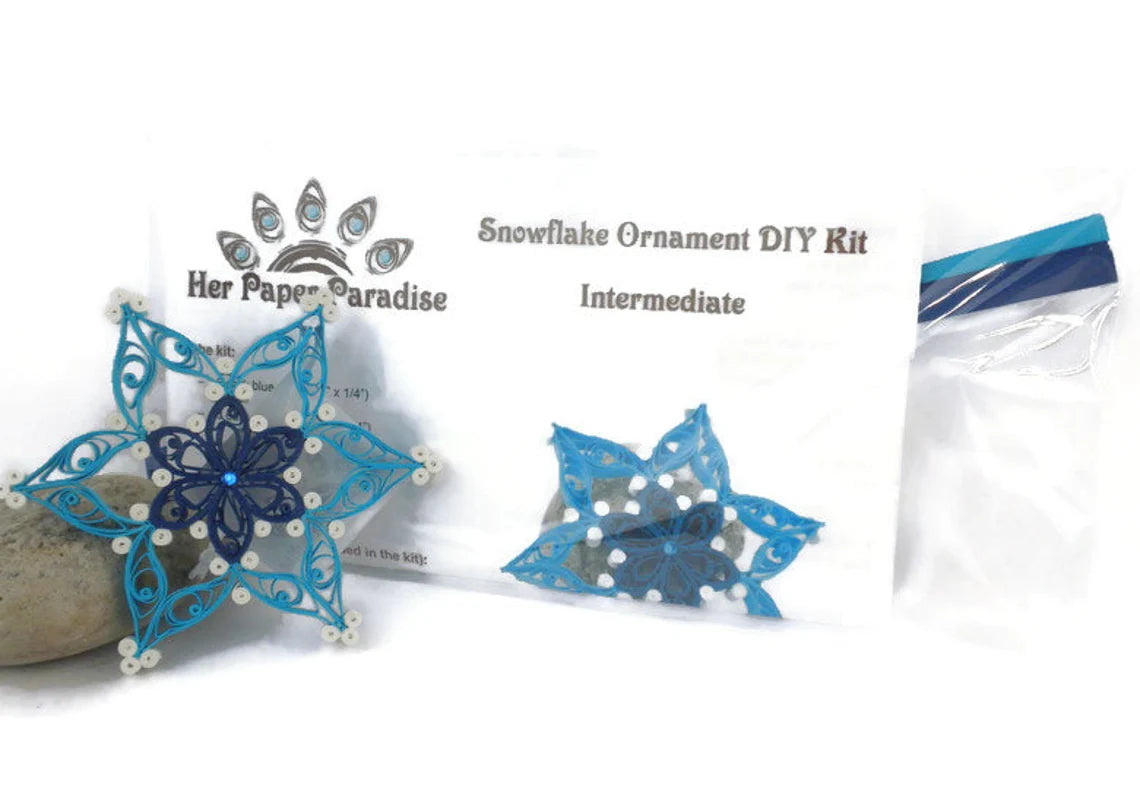 Quilling Blue Snowflake Ornament DIY kit with step-by-step tutorial by Her Paper Paradise