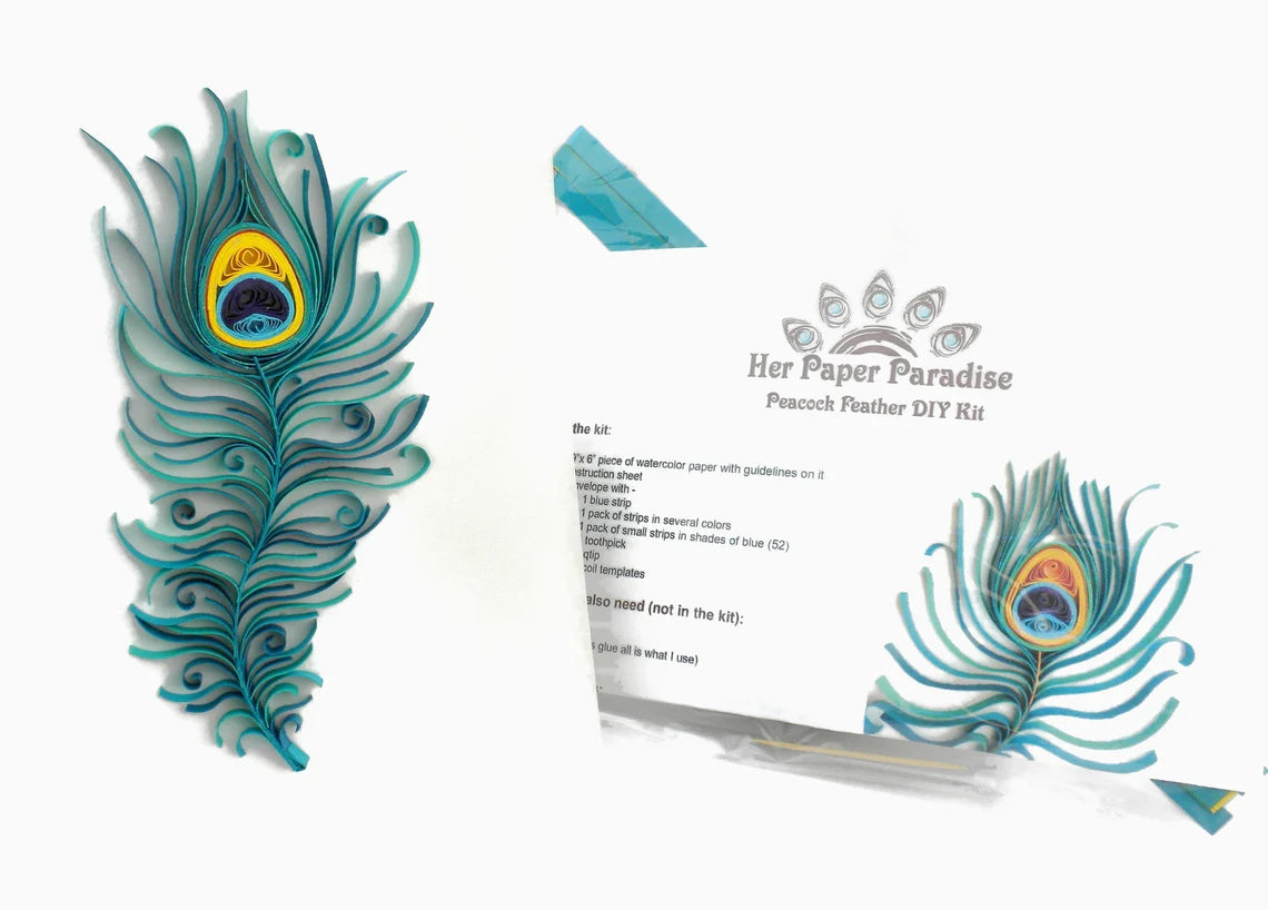 Quilling Peacock Feather DIY kit with step-by-step tutorial by Her Paper Paradise