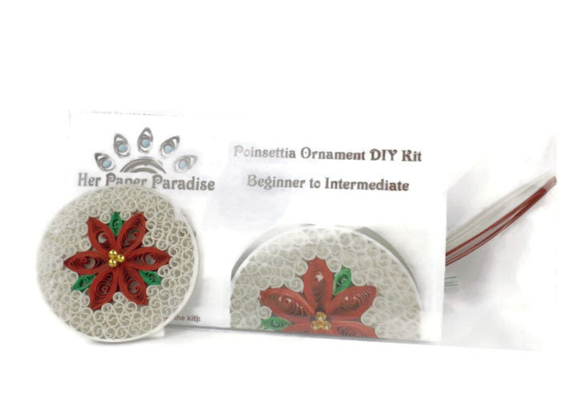 Quilling Poinsettia Ornament DIY kit with step-by-step tutorial by Her Paper Paradise